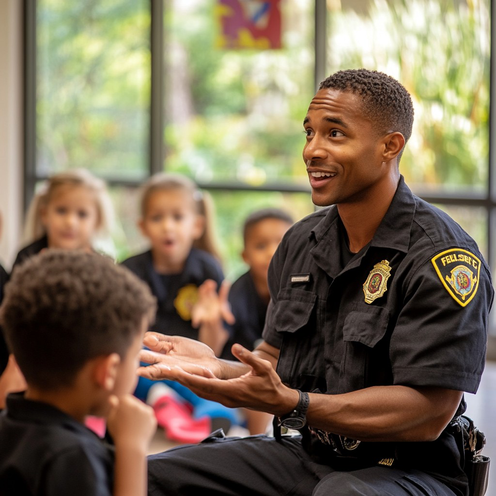 A police officer engages with a group of children in a classroom setting, discussing important topics with gestures and enthusiasm A police officer engages with a group of children in a classroom setting, discussing important topics with gestures and enthusiasm